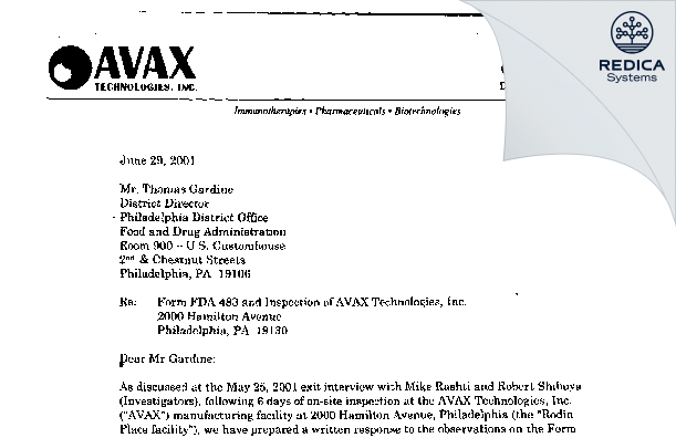 FDA 483 Response - Avax Technologies [Philadelphia / United States of America] - Download PDF - Redica Systems