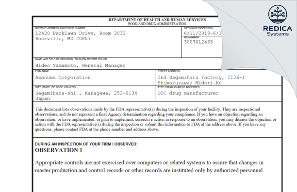FDA 483 - ASANUMA CORPORATION [Sagamihara / Japan] - Download PDF - Redica Systems