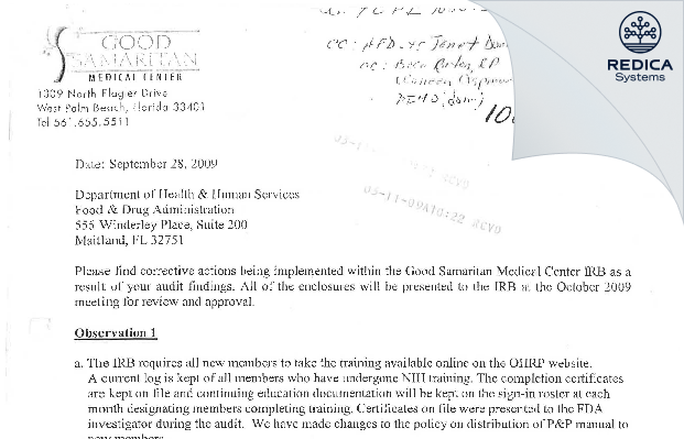 FDA 483 Response - Good Samaritan Medical Center IRB [West Palm Beach / United States of America] - Download PDF - Redica Systems