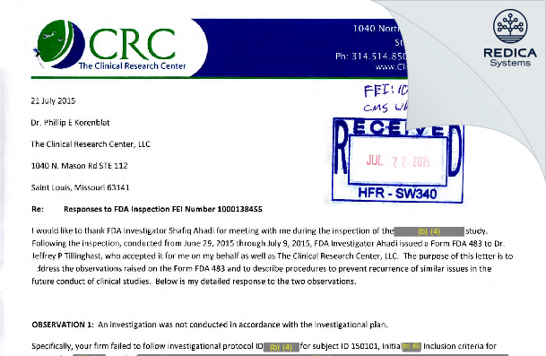 FDA 483 Response - Korenblat, Dr Phillip E [Creve Coeur / United States of America] - Download PDF - Redica Systems
