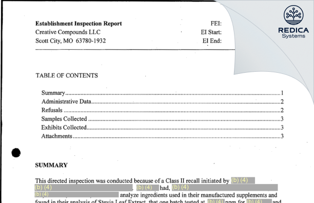 EIR - Creative Compounds LLC [Scott City / United States of America] - Download PDF - Redica Systems