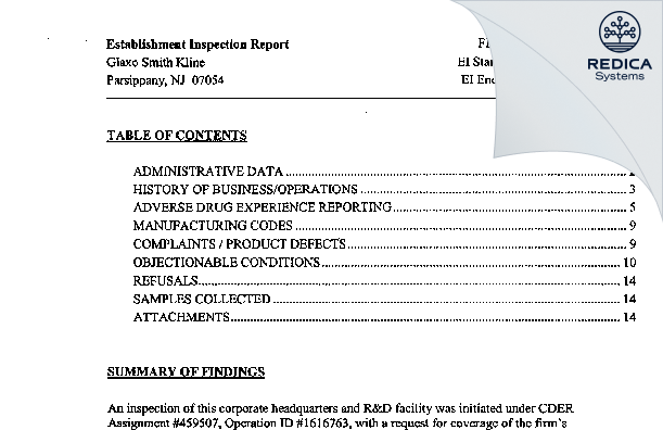 EIR - Glaxo Smith Kline [Parsippany / United States of America] - Download PDF - Redica Systems