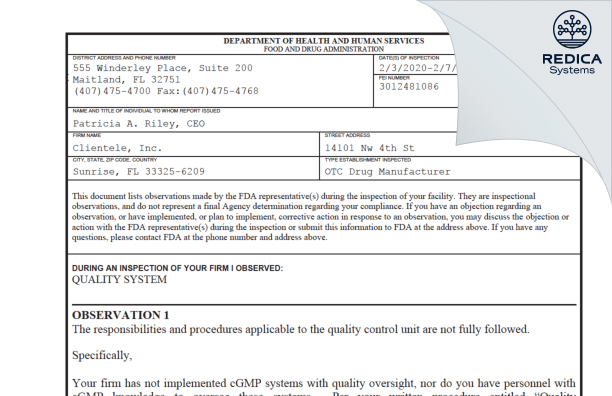 FDA 483 - Clientele, Inc. [Florida / United States of America] - Download PDF - Redica Systems