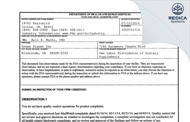 FDA 483 - Green Planet Inc [Riverside / United States of America] - Download PDF - Redica Systems