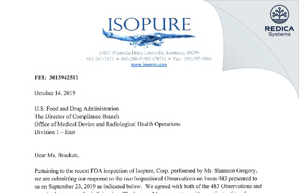 FDA 483 Response - Isopure Corp. [Louisville / United States of America] - Download PDF - Redica Systems