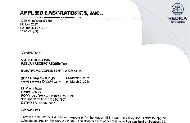 EIR - Applied Laboratories, Inc. [Columbus / United States of America] - Download PDF - Redica Systems