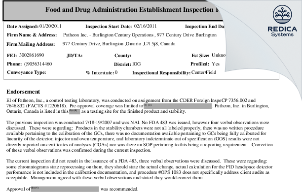 FDA 483 - Patheon Inc. [Burlington / Canada] - Download PDF - Redica Systems