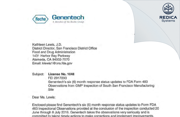 FDA 483 Response - Genentech, Inc. [South San Francisco / United States of America] - Download PDF - Redica Systems