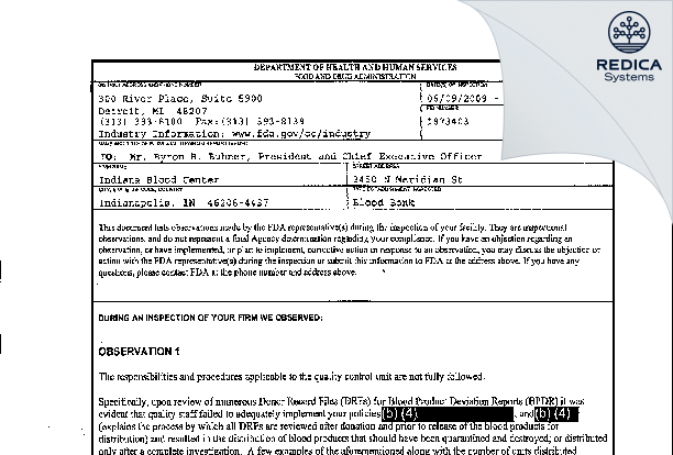 FDA 483 - Versiti Indiana Inc [Indianapolis / United States of America] - Download PDF - Redica Systems