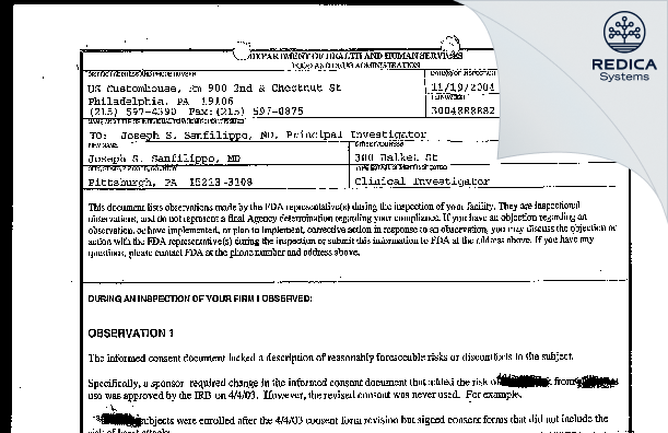 FDA 483 - Joseph S. Sanfilippo, MD [Pittsburgh / United States of America] - Download PDF - Redica Systems