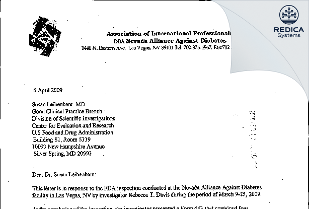 FDA 483 Response - Dr. Rubin H. Saavedra [Las Vegas / United States of America] - Download PDF - Redica Systems