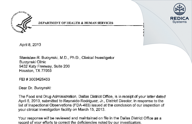 FDA 483 Response - Stanislaw R Burzynski, MD [Houston / United States of America] - Download PDF - Redica Systems