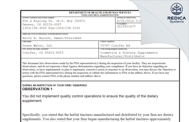 FDA 483 - Green Water, LLC [Conifer / United States of America] - Download PDF - Redica Systems