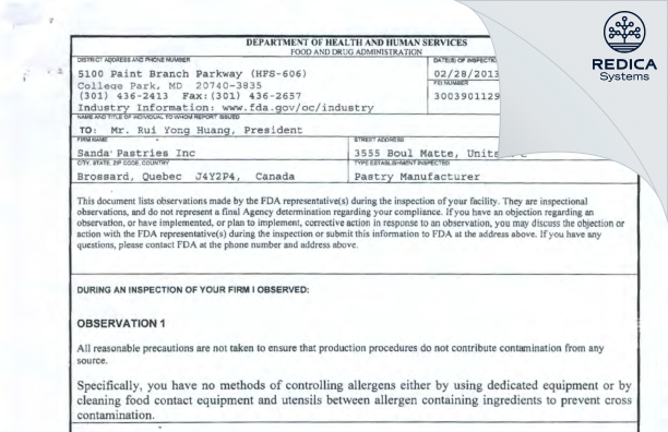 FDA 483 - Sanda Pastries Inc [Brossard / Canada] - Download PDF - Redica Systems