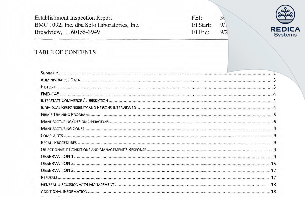 EIR - BMC 1092,Inc dba Solo Laboratories, Inc [Broadview / United States of America] - Download PDF - Redica Systems