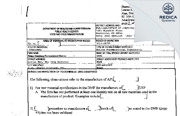 FDA 483 - Shanxi Hancheng Pharmaceutical Factory [Liucunbao / China] - Download PDF - Redica Systems