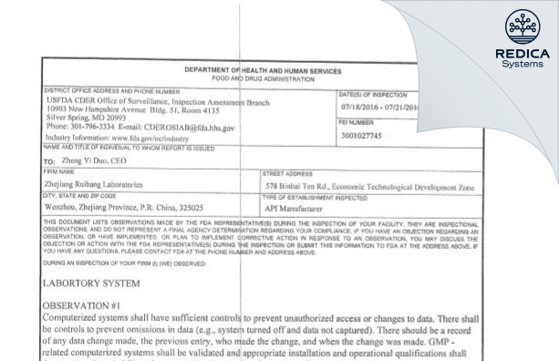 FDA 483 - Zhejiang Ruibang Laboratories [China / China] - Download PDF - Redica Systems