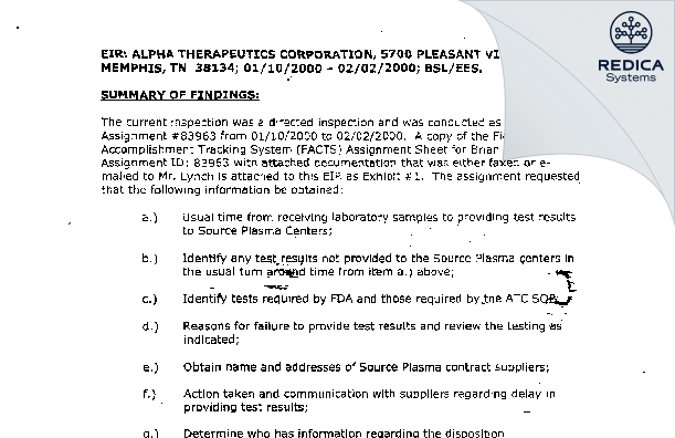 EIR - Alpha Therapeutic Corporation [Memphis / United States of America] - Download PDF - Redica Systems