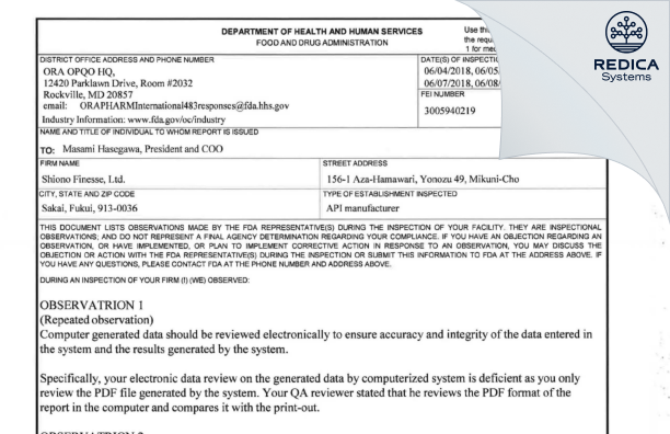 FDA 483 - SHIONO FINESSE, LTD. [Fukui / Japan] - Download PDF - Redica Systems
