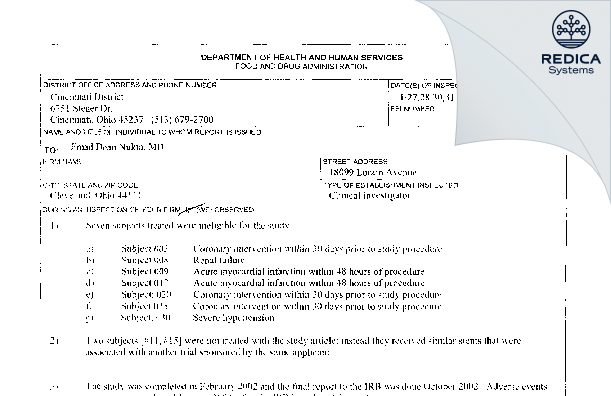 FDA 483 - Emad Dean Nukta MD [Cleveland / United States of America] - Download PDF - Redica Systems