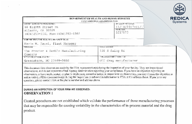 FDA 483 - The Procter & Gamble Manufacturing Company [Greensboro / United States of America] - Download PDF - Redica Systems