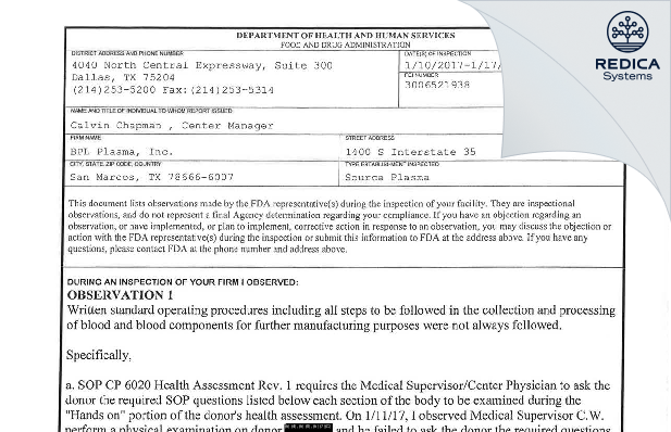 FDA 483 - BPL Plasma, Inc. [San Marcos / United States of America] - Download PDF - Redica Systems