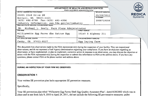 FDA 483 - M.G. Waldbaum Company dba Williamette Egg Farm - Satrum [Canby / United States of America] - Download PDF - Redica Systems