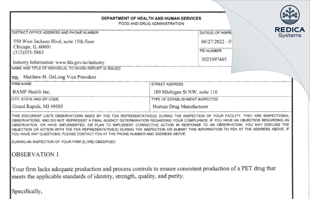 FDA 483 - BAMF Health, Inc. [Grand Rapids / United States of America] - Download PDF - Redica Systems
