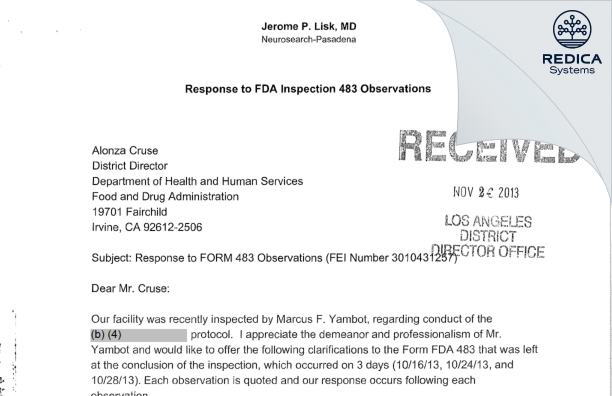FDA 483 Response - Jerome P. Lisk, M.D. [Pasadena / United States of America] - Download PDF - Redica Systems