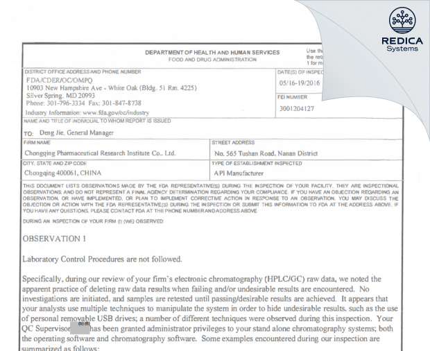 FDA 483 - Chongqing Pharmaceutical Research Institute Co., Ltd. [Chongqing / China] - Download PDF - Redica Systems