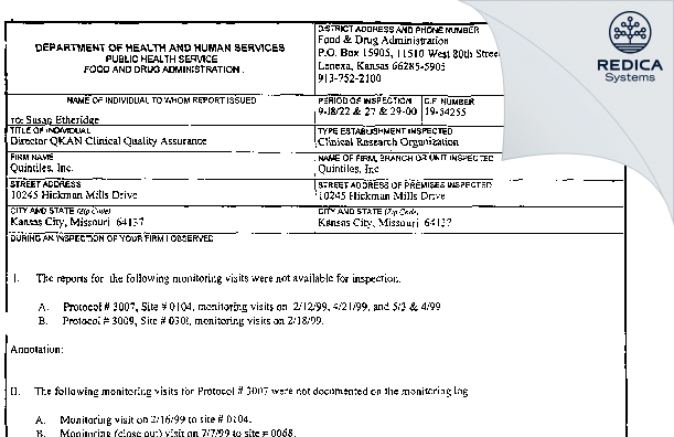 FDA 483 - Quintiles, Inc. [Kansas City / -] - Download PDF - Redica Systems