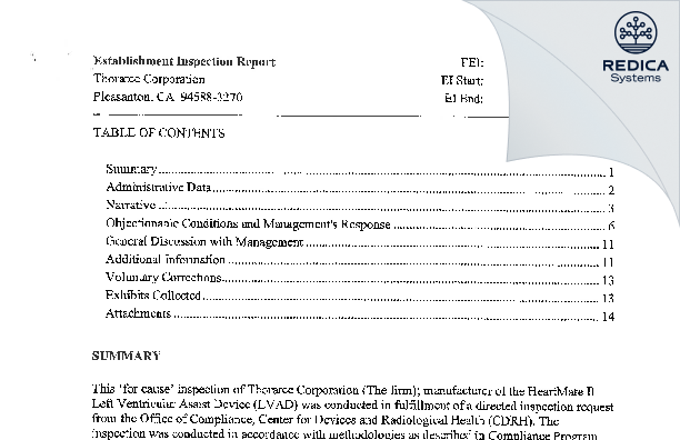 EIR - Thoratec Corp. [Pleasanton / United States of America] - Download PDF - Redica Systems