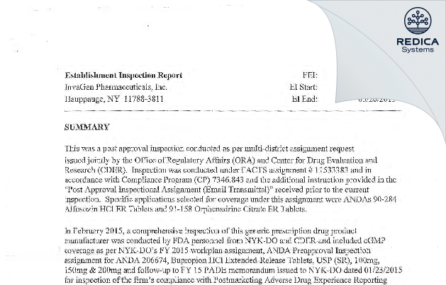 EIR - InvaGen Pharmaceuticals, Inc [New York / United States of America] - Download PDF - Redica Systems