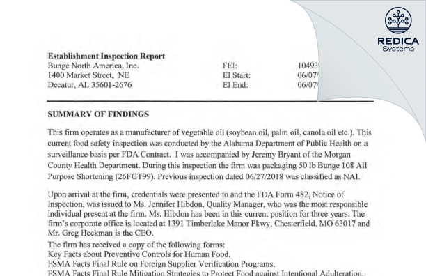 EIR - Bunge North America, Inc [Decatur / United States of America] - Download PDF - Redica Systems