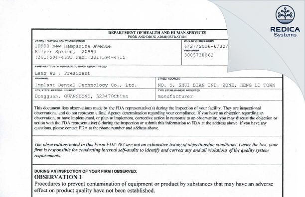 FDA 483 - Implant Dental Technology Co., Ltd. [Dongguan / China] - Download PDF - Redica Systems