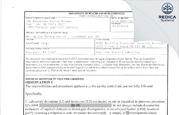 FDA 483 - LabChemS Corp [Rico / United States of America] - Download PDF - Redica Systems