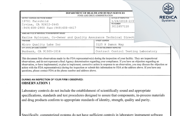 FDA 483 - Micro Quality Labs Inc [Burbank / United States of America] - Download PDF - Redica Systems