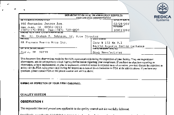 FDA 483 - Smithkline Beecham (Cork) Inc. [Cidra / United States of America] - Download PDF - Redica Systems