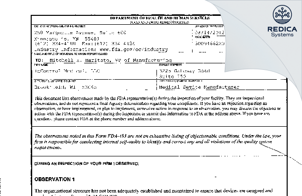 FDA 483 - InControl Medical, LLC [Brookfield / United States of America] - Download PDF - Redica Systems