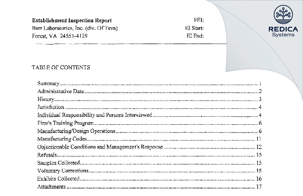 EIR - Barr Laboratories Inc. [Forest / United States of America] - Download PDF - Redica Systems