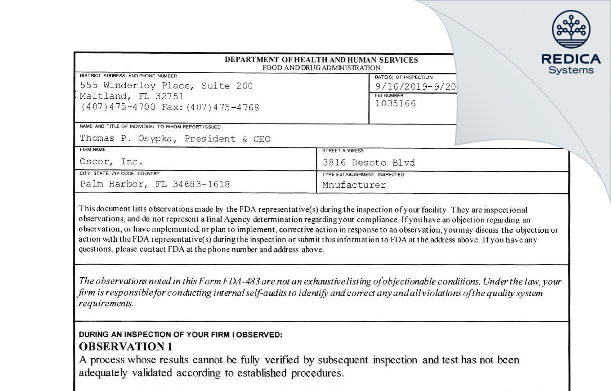 FDA 483 - Oscor Inc. [Palm Harbor / United States of America] - Download PDF - Redica Systems