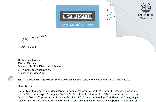 FDA 483 Response - Upsher-Smith Laboratories, LLC [Plymouth / United States of America] - Download PDF - Redica Systems