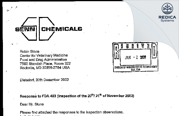 FDA 483 Response - Senn Chemicals AG [Dielsdorf / Switzerland] - Download PDF - Redica Systems