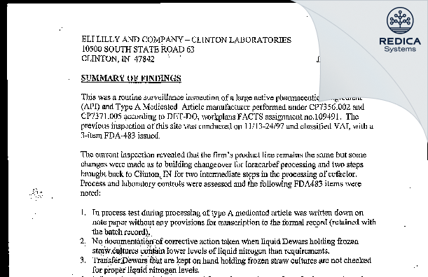 EIR - Elanco Clinton Laboratories [Clinton / United States of America] - Download PDF - Redica Systems