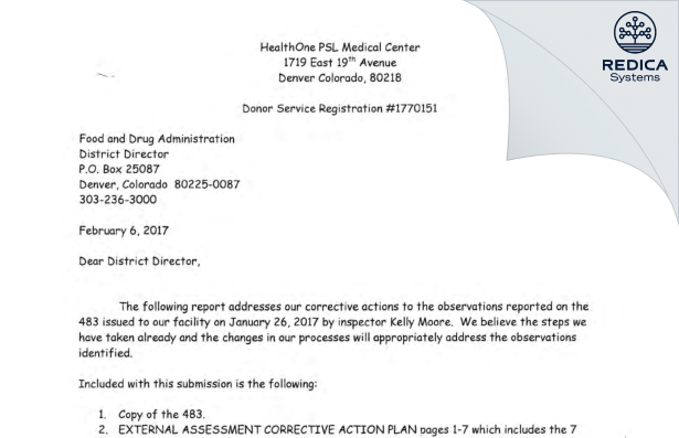 FDA 483 Response - HealthOne Presbyterian/St. Luke's Medical Center [Denver / United States of America] - Download PDF - Redica Systems