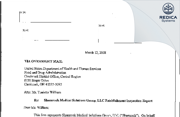FDA 483 Response - Shamrock Medical Solutions Group LLC [Lewis Center / United States of America] - Download PDF - Redica Systems