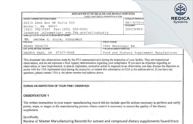 FDA 483 - Herbs America, Inc. [Grants Pass / United States of America] - Download PDF - Redica Systems