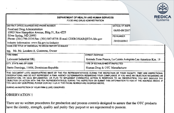 FDA 483 - Labocont Industrial SRL [Santo Domingo / Dominican Republic] - Download PDF - Redica Systems