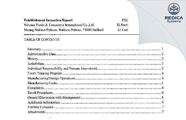 EIR - Nirvana Foods & Commerce International Co.,Ltd. [Nakhon Pathom / Thailand] - Download PDF - Redica Systems