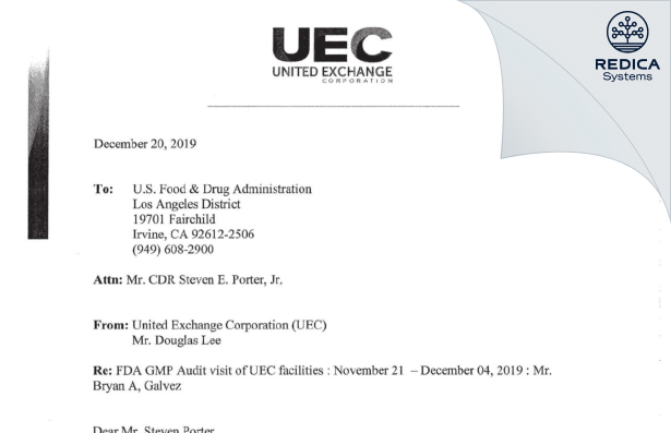 FDA 483 Response - United Exchange Corp. [Cypress California / United States of America] - Download PDF - Redica Systems